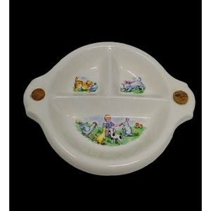 Antique Warming Bowl Transferware‎ Sectional Dish Cat Dog Chickens Baby Chickens